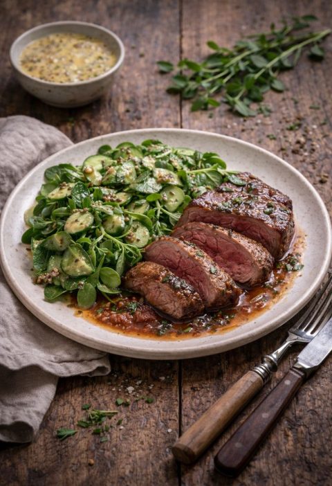 Biefstuk met postelein–mosterdsalade