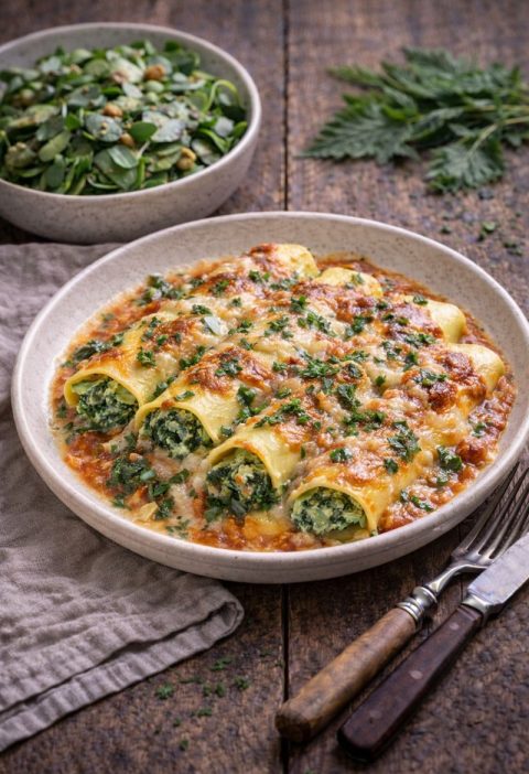 Brandnetel–ricotta gevulde cannelloni