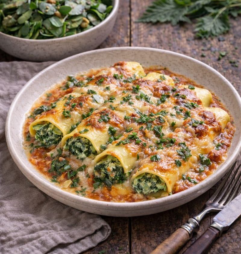 Brandnetel–ricotta gevulde cannelloni