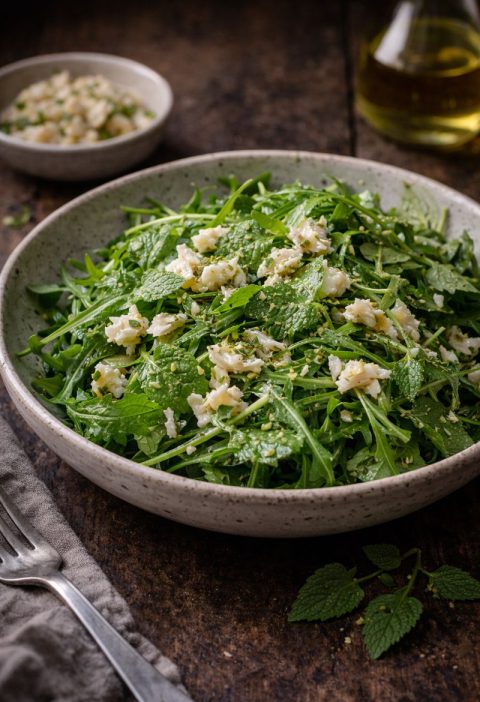 Citroenmelisse–rucolasalade met lichte weitingdressing