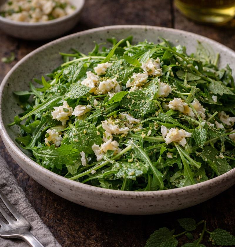 Citroenmelisse–rucolasalade met lichte weitingdressing