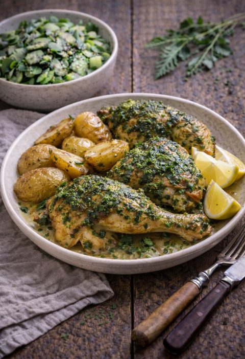 Geroosterde kip met zevenblad-pesto en citroen