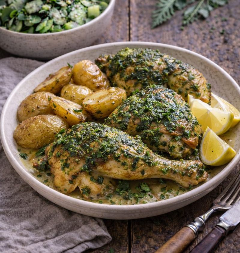 Geroosterde kip met zevenblad-pesto en citroen
