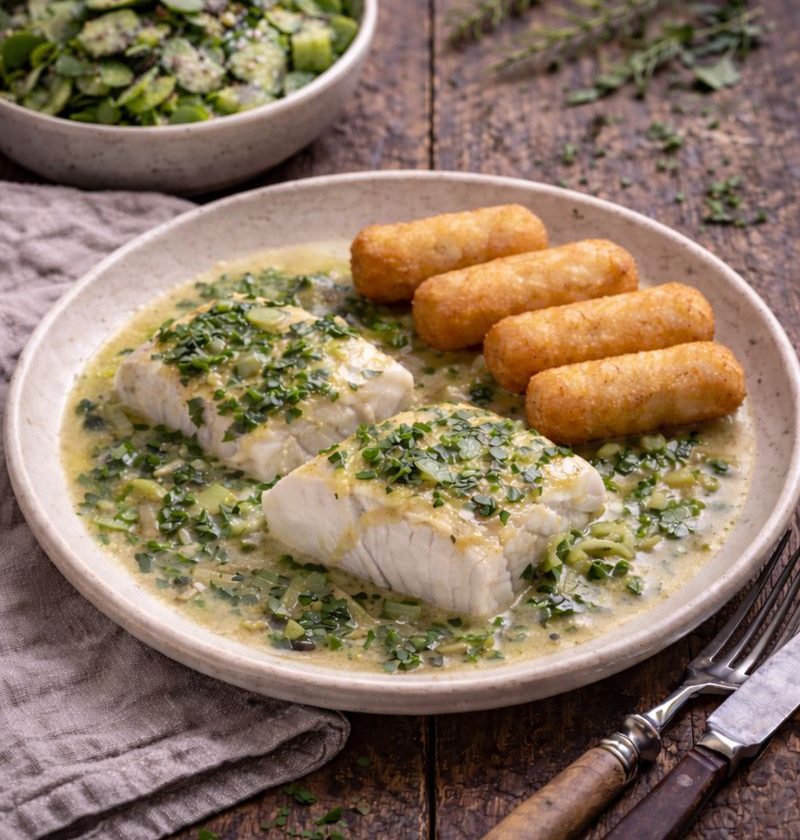 Kabeljauw met zuringboter en aardappelkroketjes