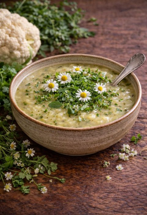 Kamille–bloemkoolsoep met Vogelmuur