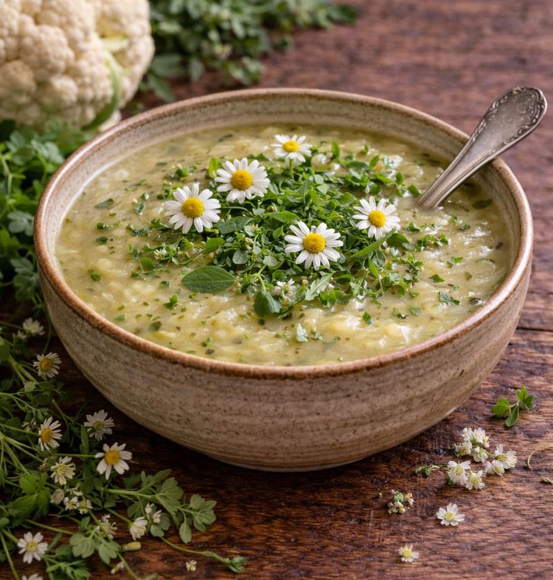 Kamille–bloemkoolsoep met Vogelmuur