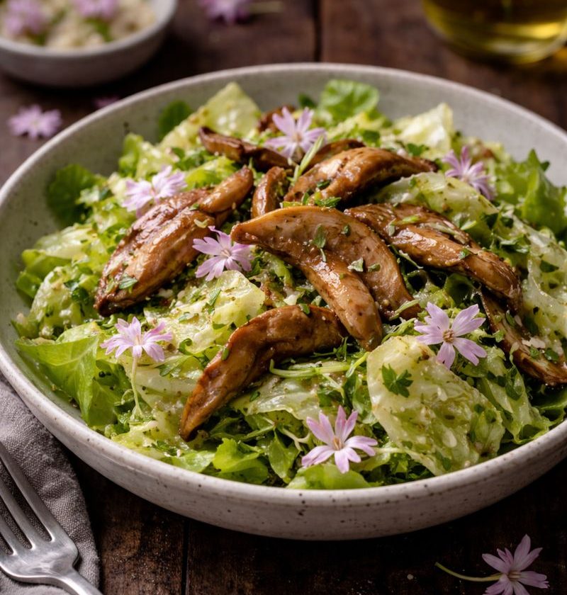 Oesterzwamsalade met ijsbergsla en Avondkoekoeksbloem-dressing
