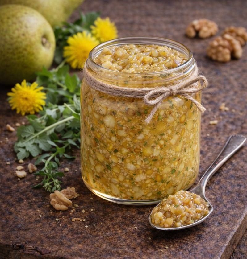 Paardenbloem-peer chutney met walnoot