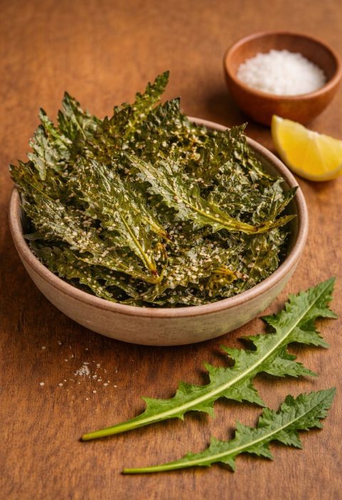 Paardenbloemblad chips uit de oven