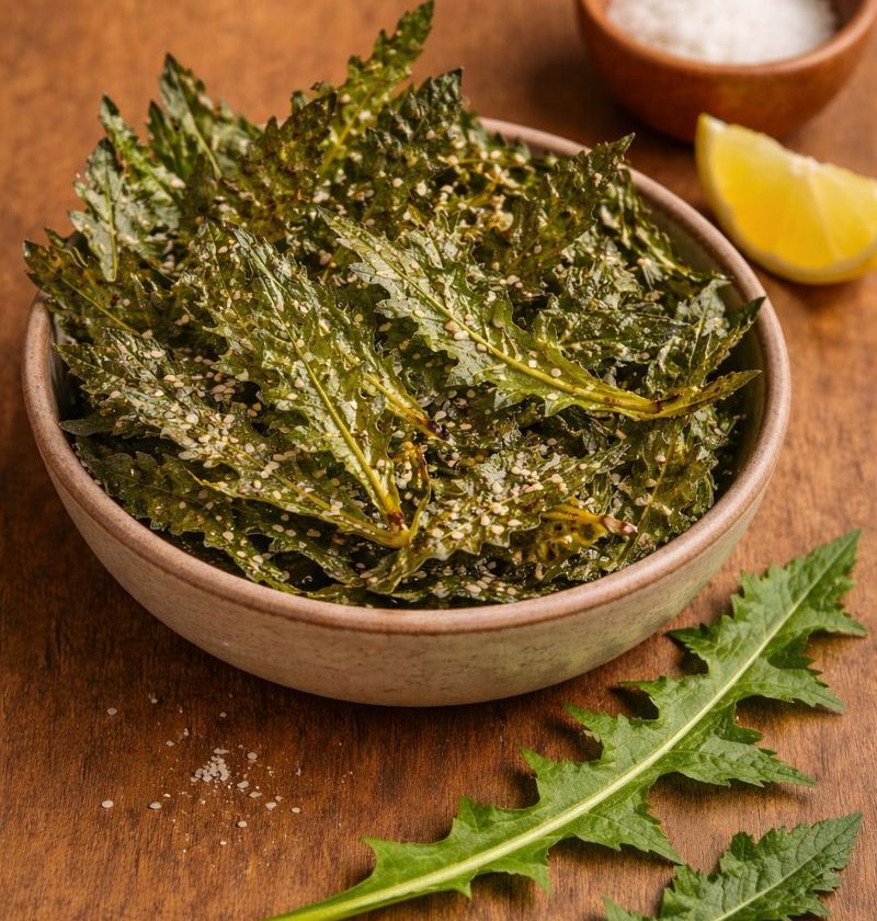 Paardenbloemblad chips uit de oven