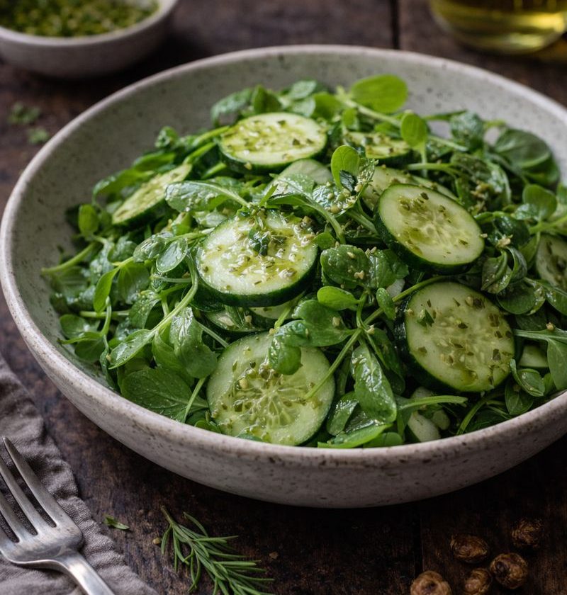 Postelein–komkommersalade met heermoesdressing