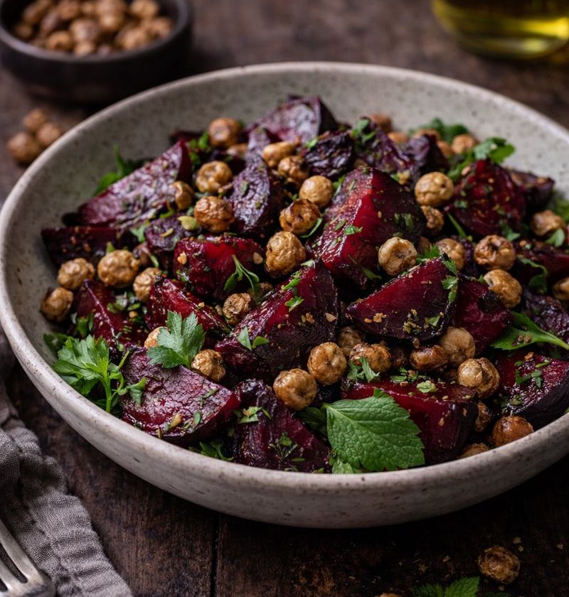 Rode biet salade met geroosterde knolcyperus