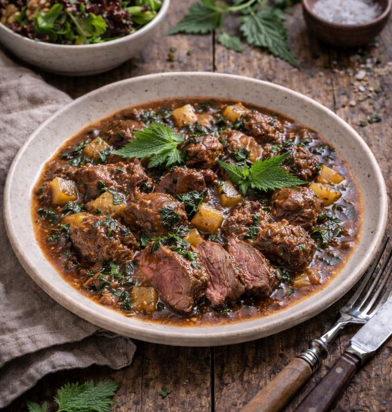 Runderstoof met brandnetel en knolselderij