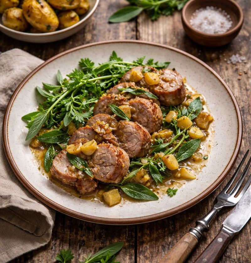 Varkenshaas met appel, salie en paardenbloemblad