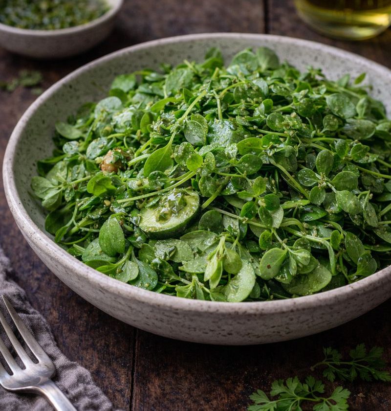 Varkenskruid–kastanjesla salade met peterseliedressing