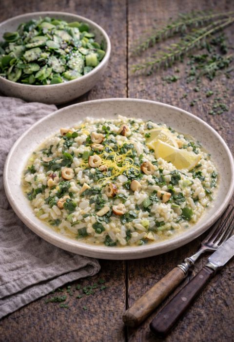 Varkenskruid–risotto met citroen en hazelnoot
