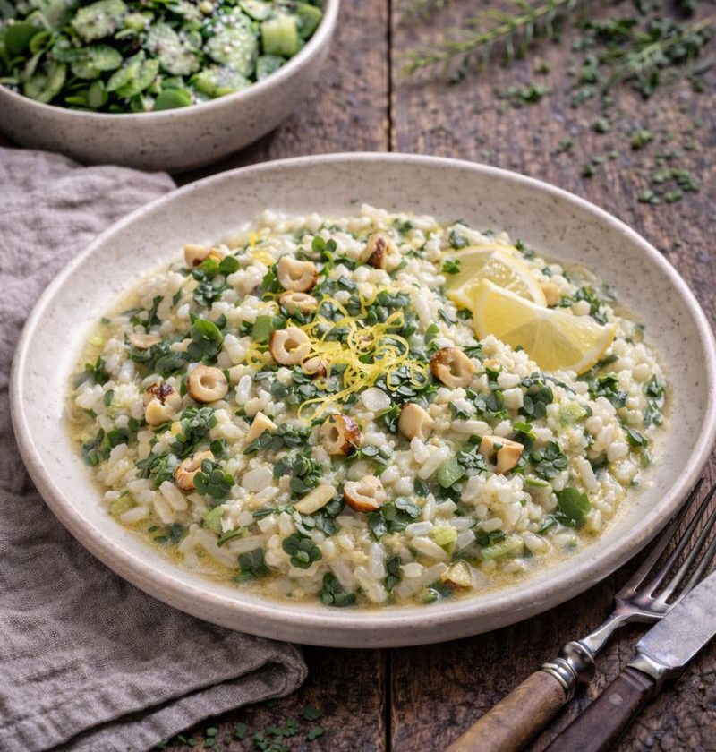 Varkenskruid–risotto met citroen en hazelnoot