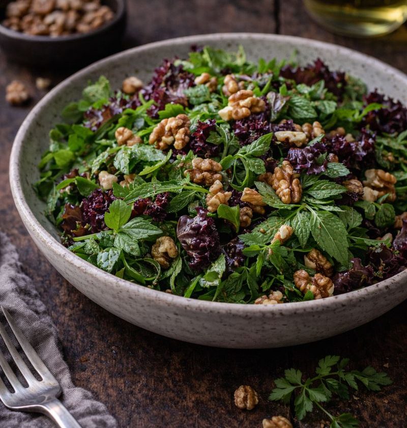 Zevenblad–lollo rossa salade met walnoten