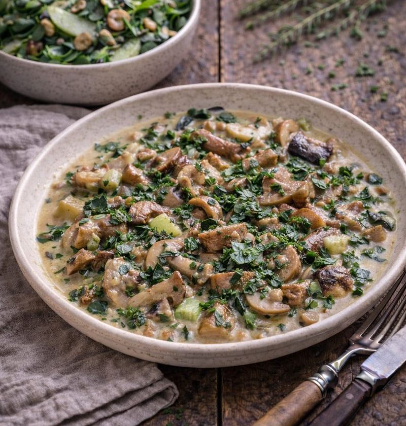 Zevenblad–paddenstoelenstoof met tijm en witte wijn