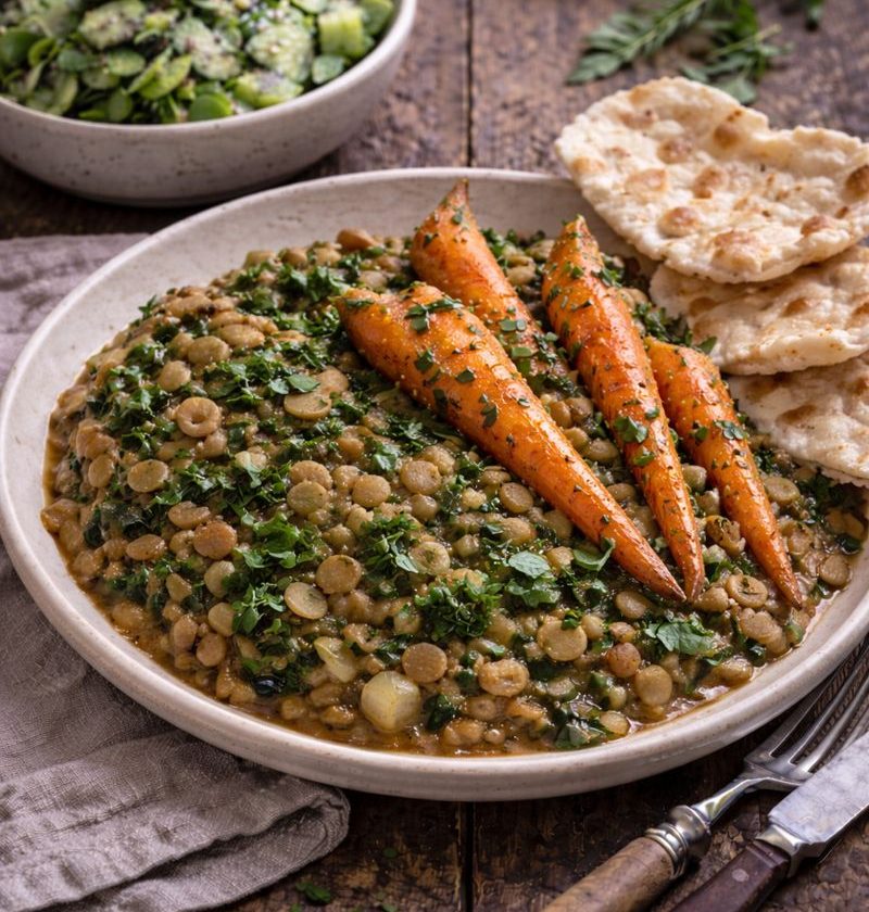 Paardenbloemblad–linzenstoof met geroosterde wortel