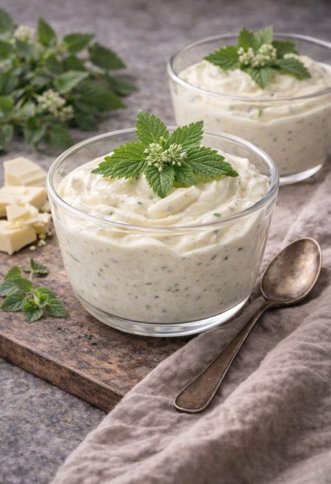 Brandnetel–witte chocolade mousse