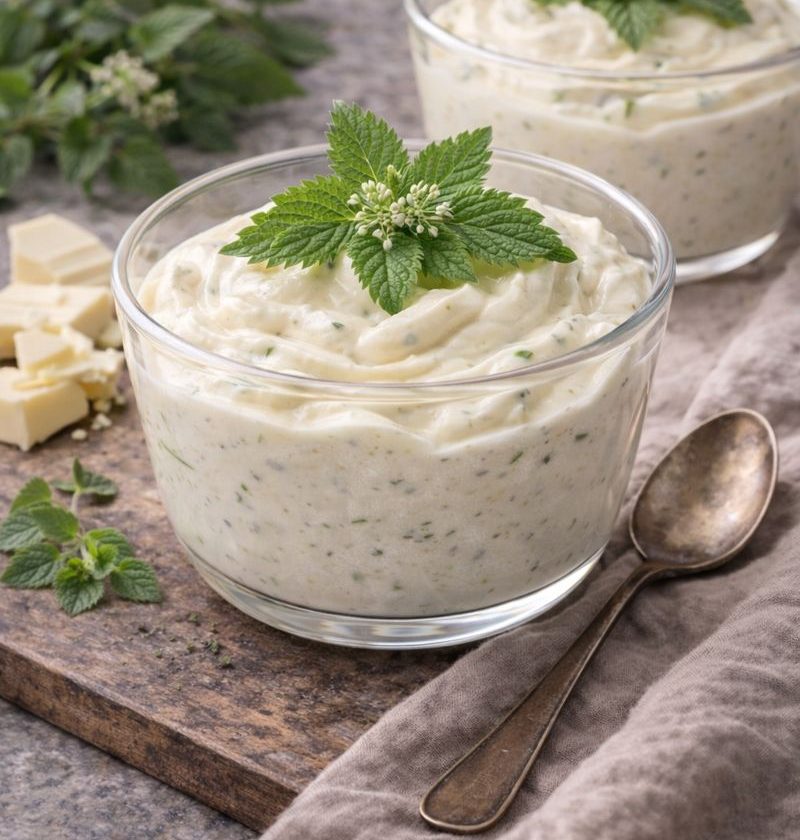 Brandnetel–witte chocolade mousse