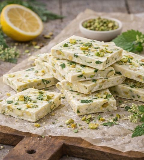 Citroenmelisse–witte chocolade bark