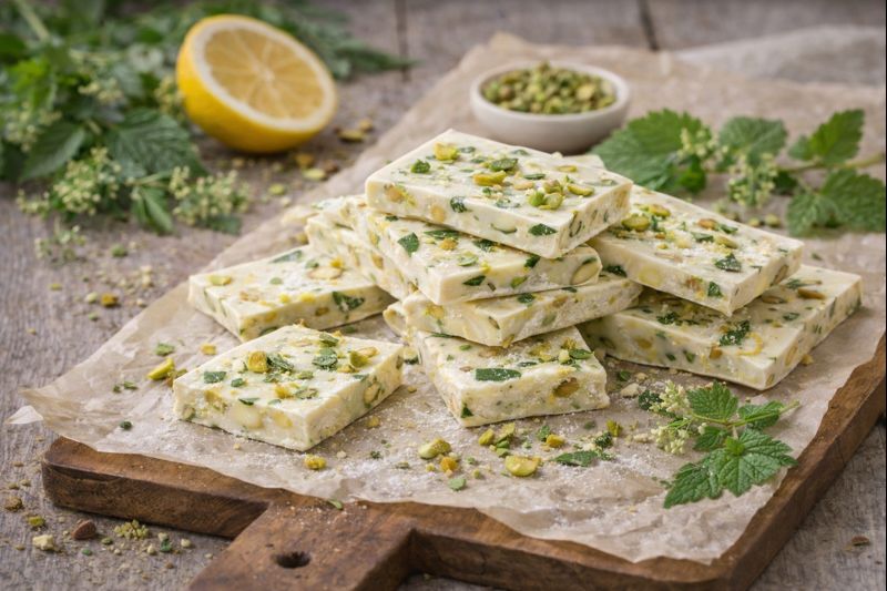 Citroenmelisse–witte chocolade bark