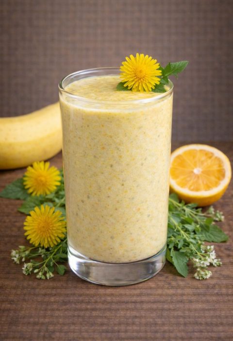 Paardenbloembloem – sinaasappel – banaan smoothie