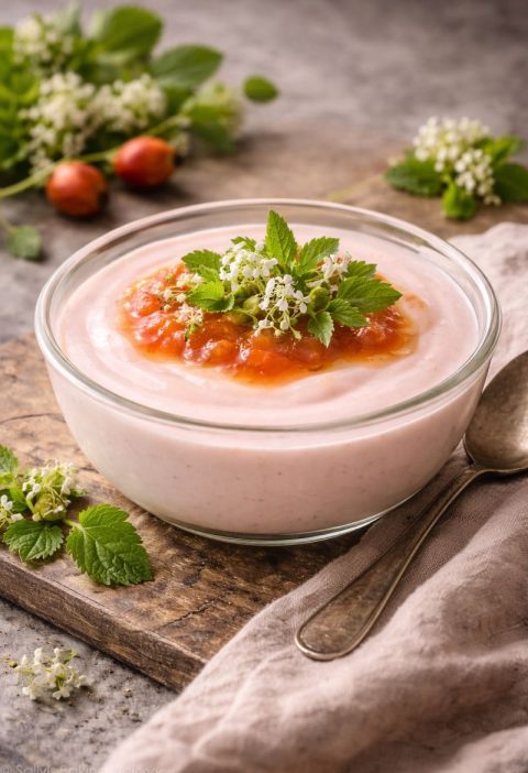 Rozenbottel–yoghurt pudding met vogelmuur