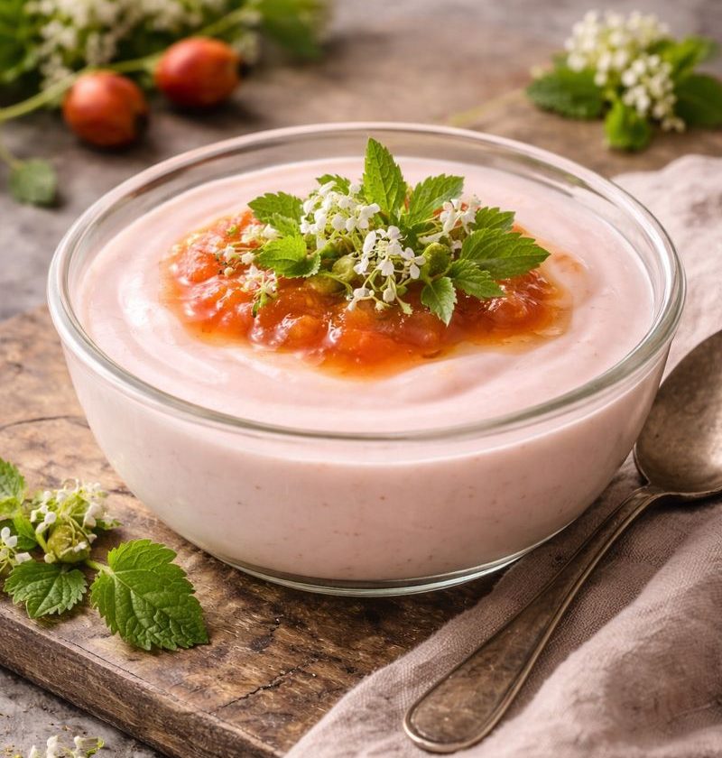 Rozenbottel–yoghurt pudding met vogelmuur