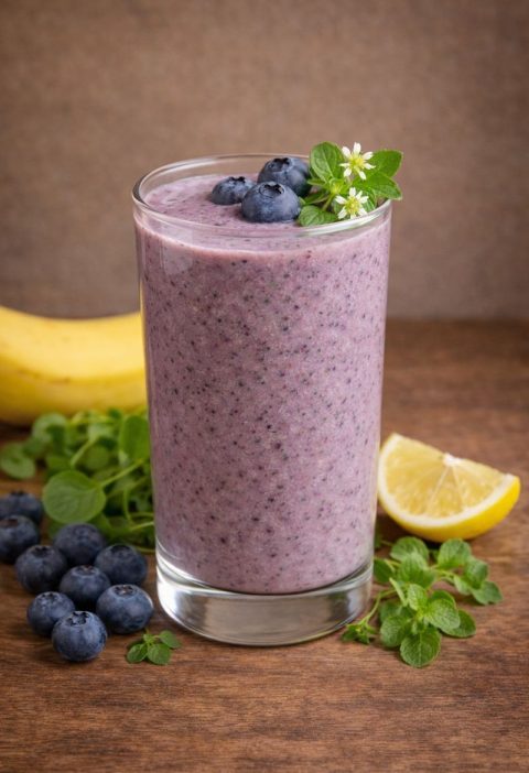 Vogelmuur – banaan – blauwe bessen smoothie