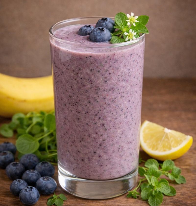 Vogelmuur – banaan – blauwe bessen smoothie