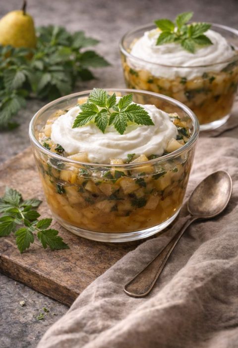 Zevenblad–peer compote met hangop
