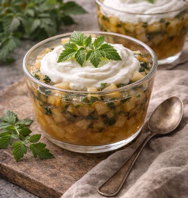 Zevenblad–peer compote met hangop