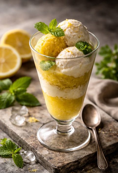 Zuring–limoncello sorbet met vanille-ijs