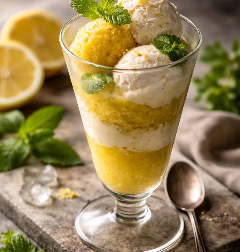 Zuring–limoncello sorbet met vanille-ijs