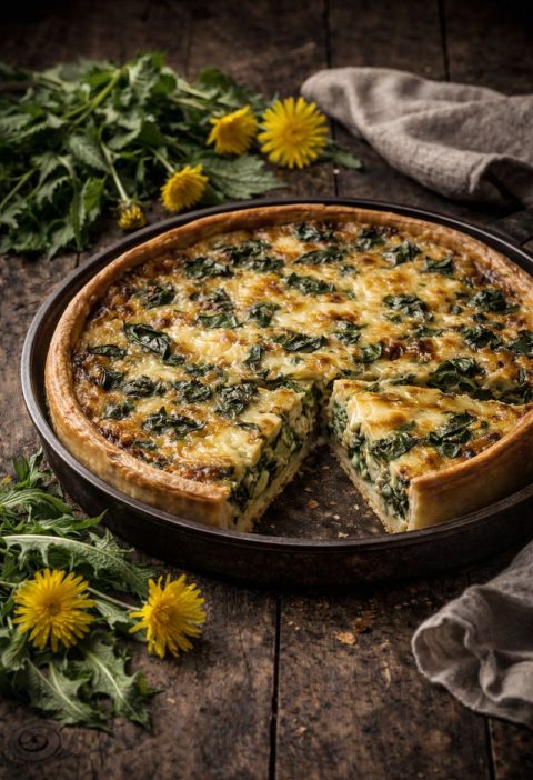 Paardenbloemblad–oude kaas quiche