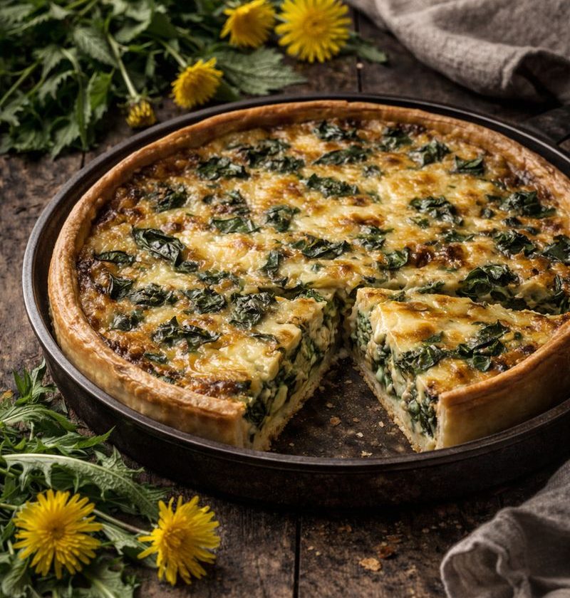 Paardenbloemblad–oude kaas quiche