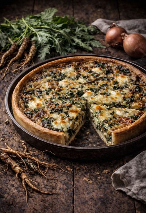 Paardenbloemwortel–ui quiche