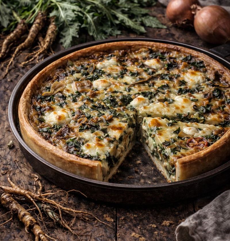Paardenbloemwortel–ui quiche