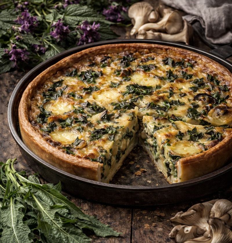 Paarse dovenetel–oesterzwam quiche