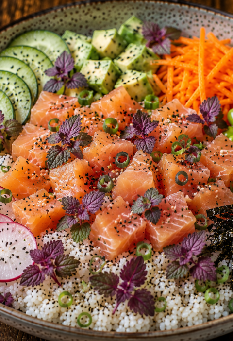 Paarse Dovenetel Gerookte Zalm Poké Bowl
