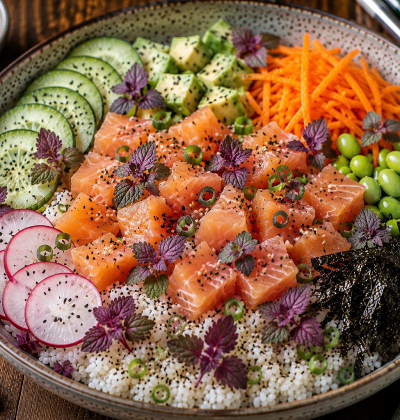 Paarse Dovenetel Gerookte Zalm Poké Bowl
